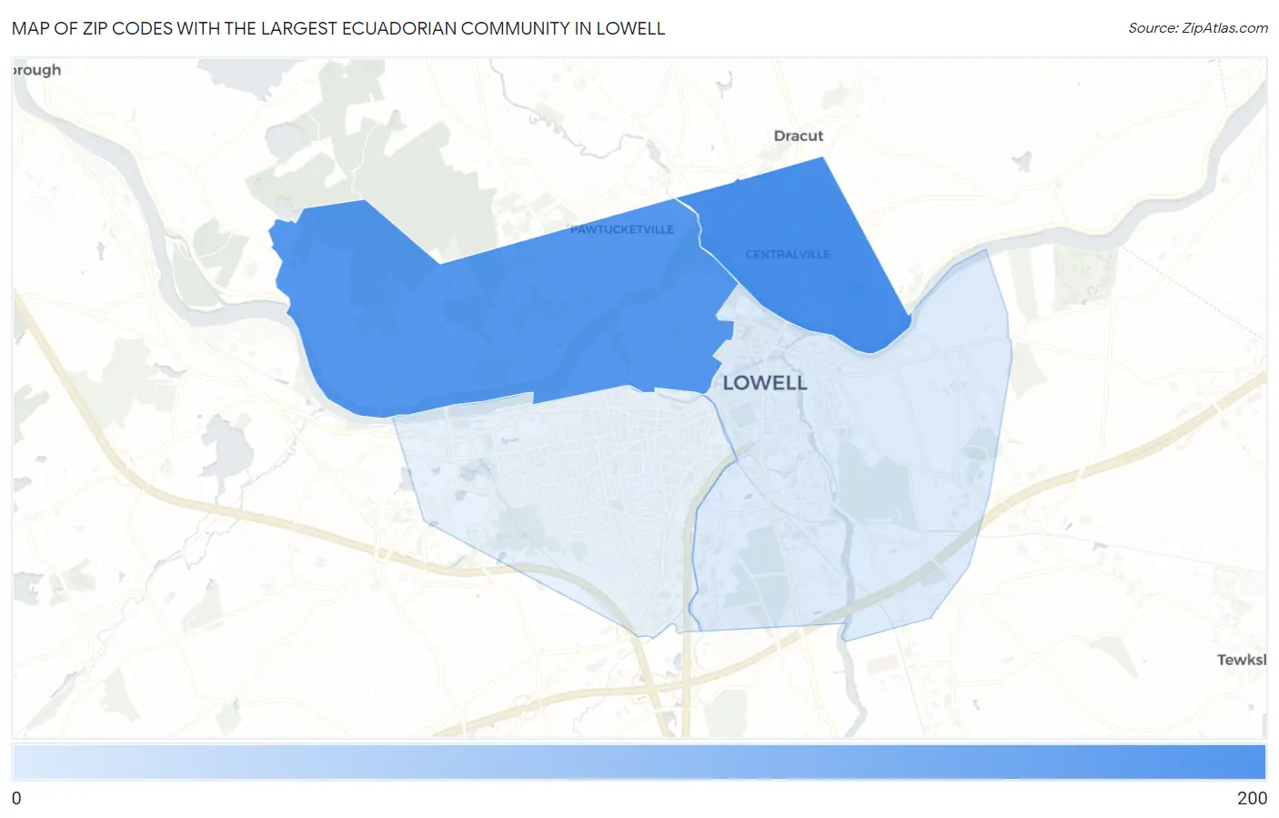 Zip Codes with the Largest Ecuadorian Community in Lowell Map