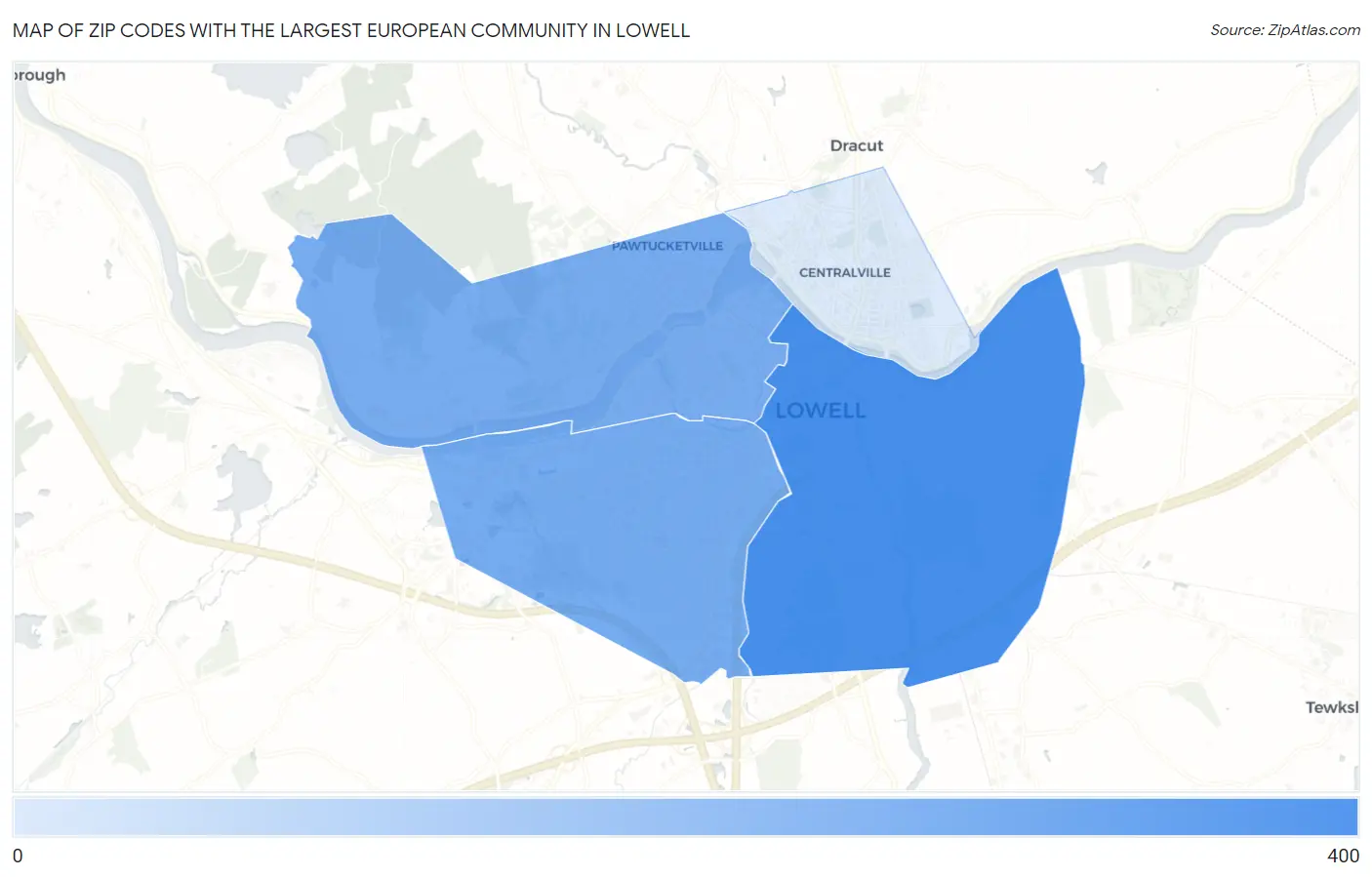 Zip Codes with the Largest European Community in Lowell Map