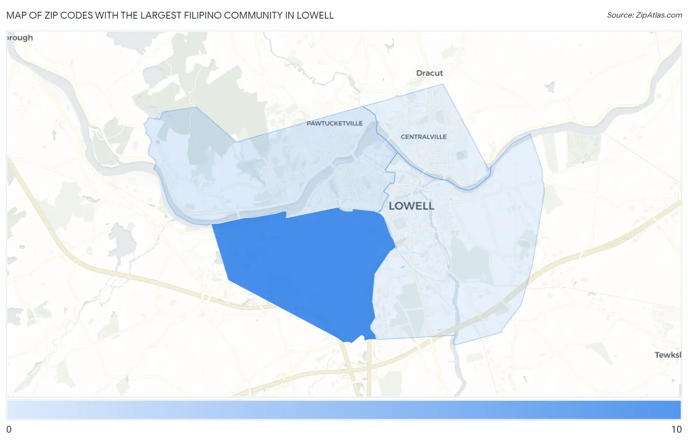 Zip Codes with the Largest Filipino Community in Lowell Map