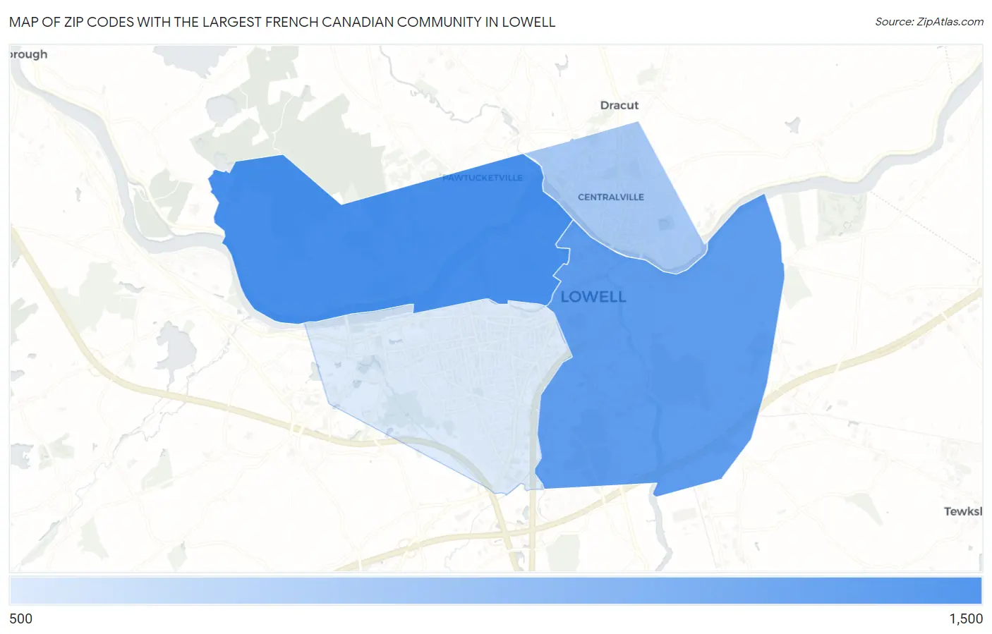 Zip Codes with the Largest French Canadian Community in Lowell Map