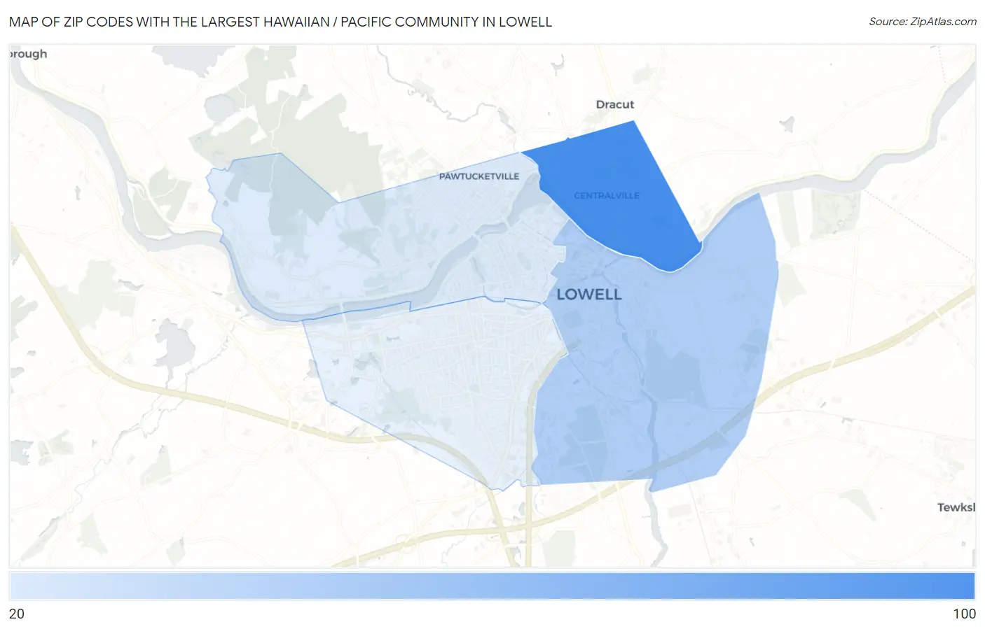 Zip Codes with the Largest Hawaiian / Pacific Community in Lowell Map