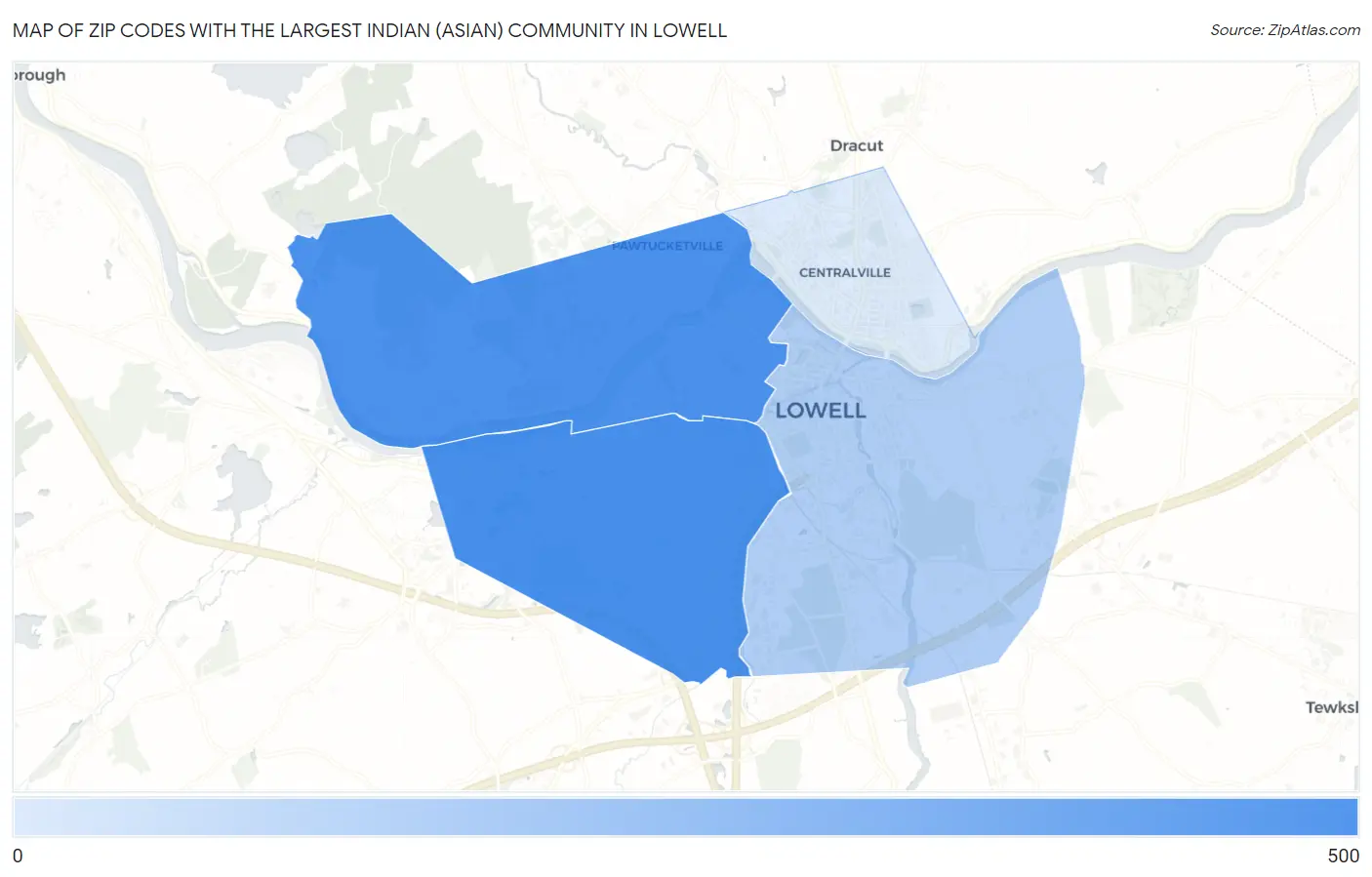 Zip Codes with the Largest Indian (Asian) Community in Lowell Map