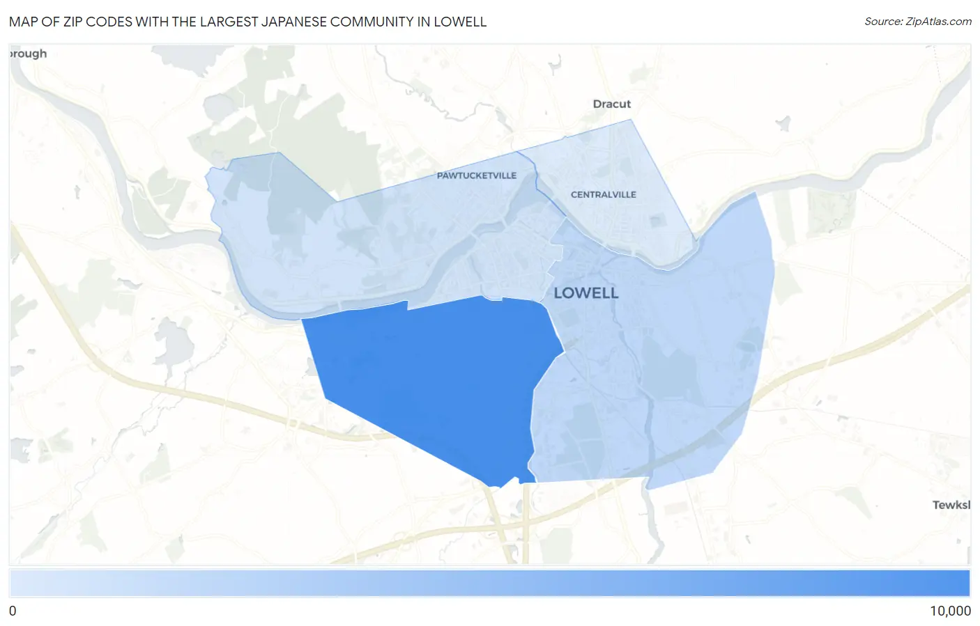 Zip Codes with the Largest Japanese Community in Lowell Map