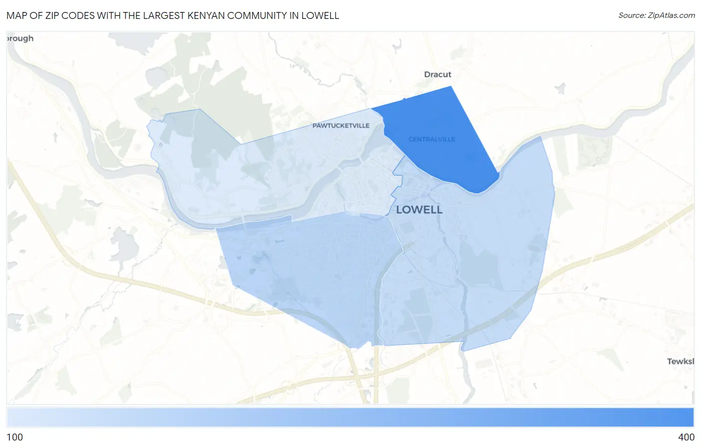 Zip Codes with the Largest Kenyan Community in Lowell Map