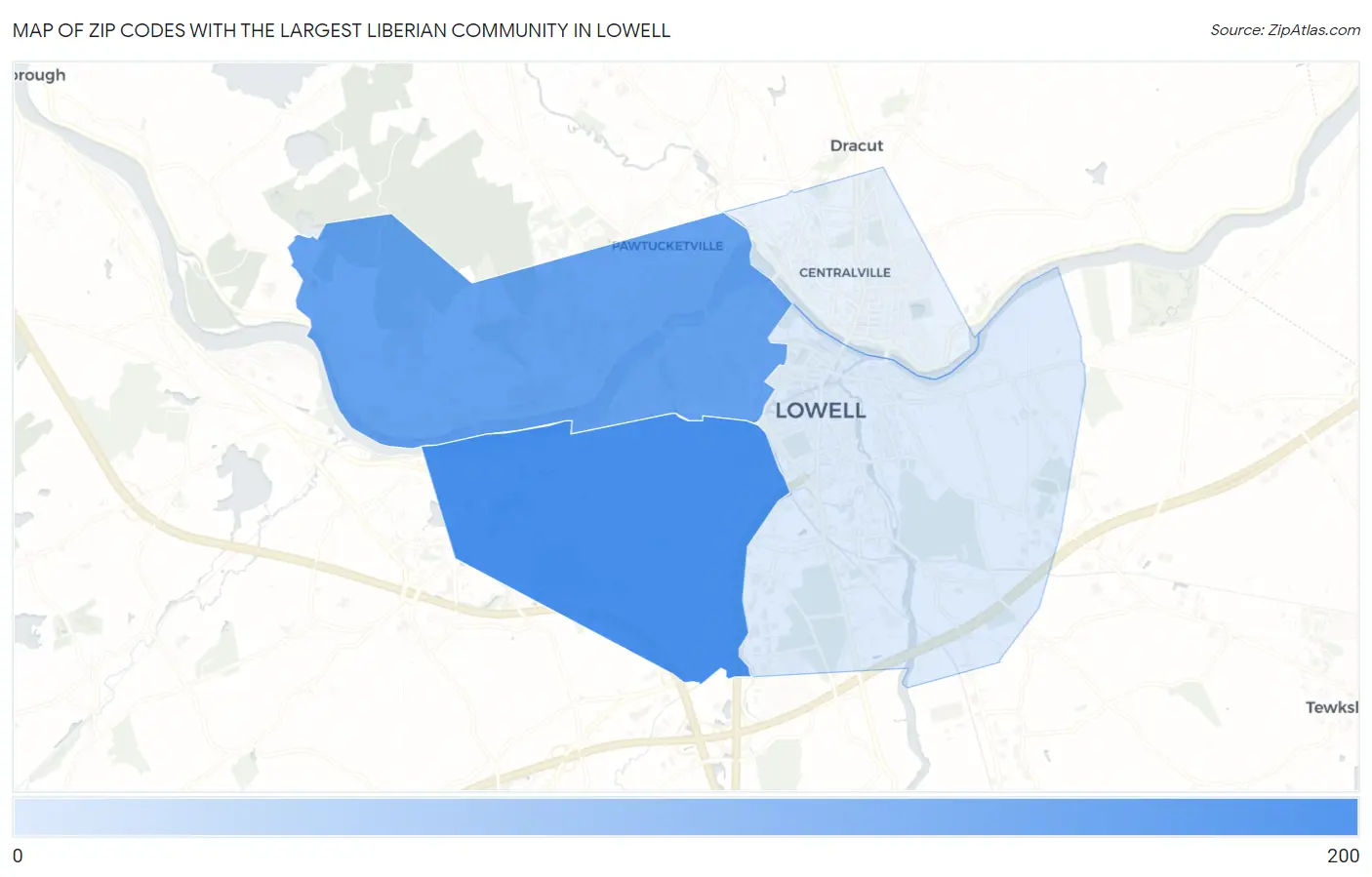 Zip Codes with the Largest Liberian Community in Lowell Map