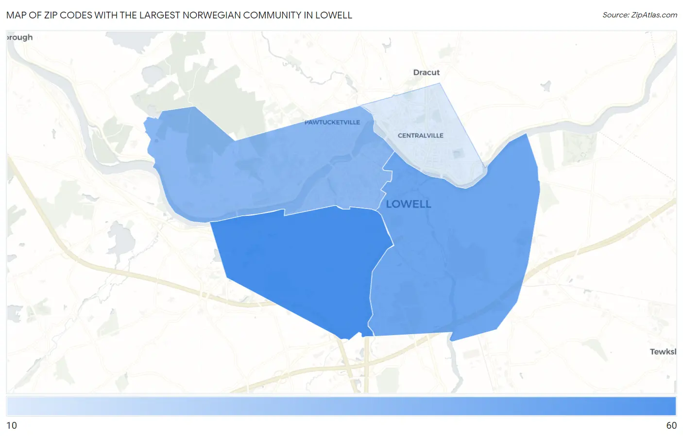 Zip Codes with the Largest Norwegian Community in Lowell Map