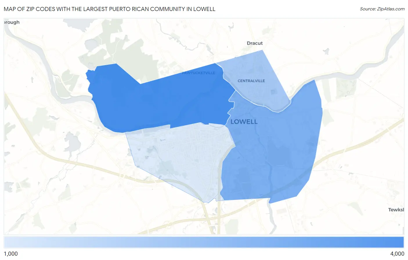 Zip Codes with the Largest Puerto Rican Community in Lowell Map