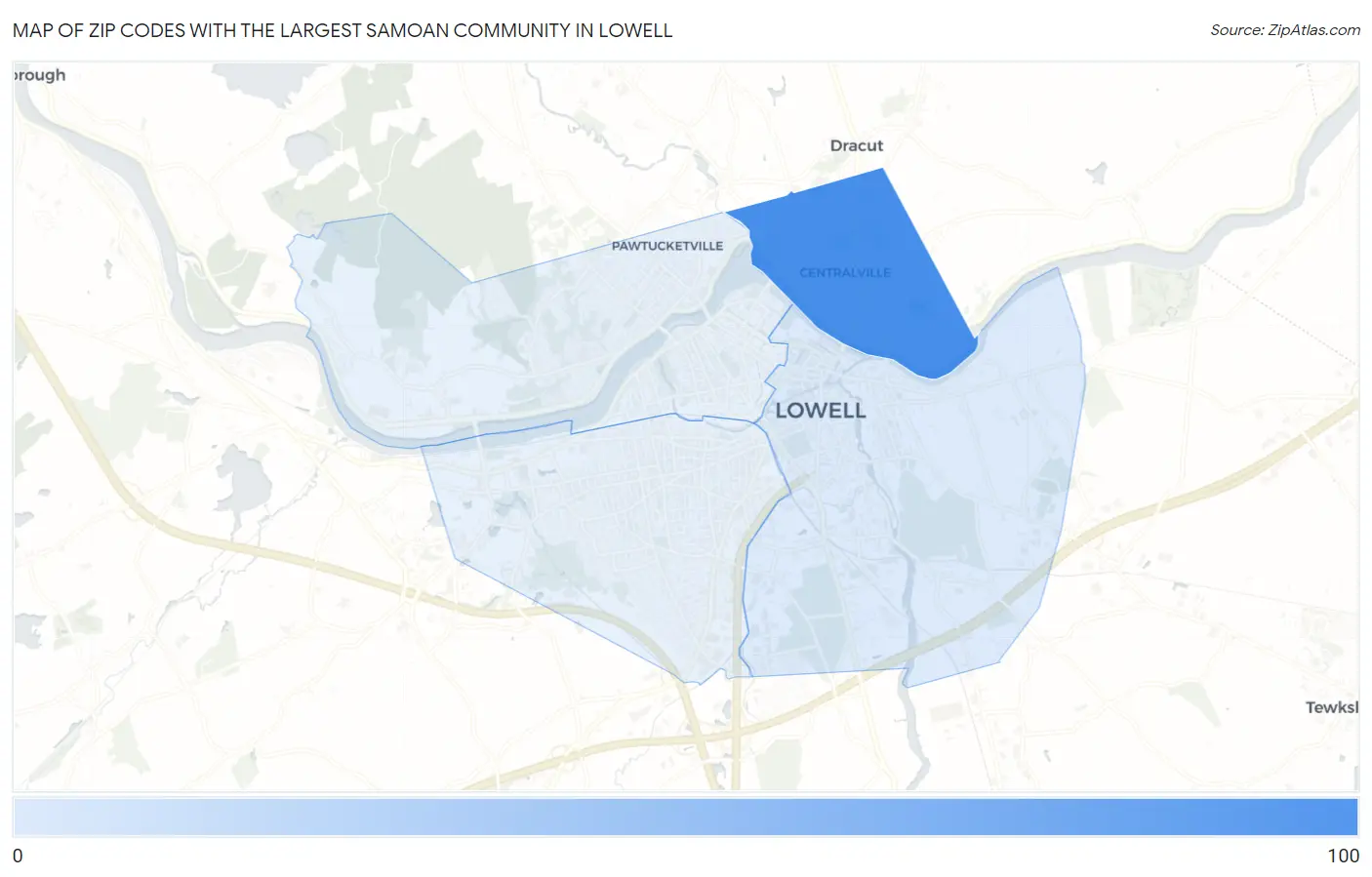 Zip Codes with the Largest Samoan Community in Lowell Map