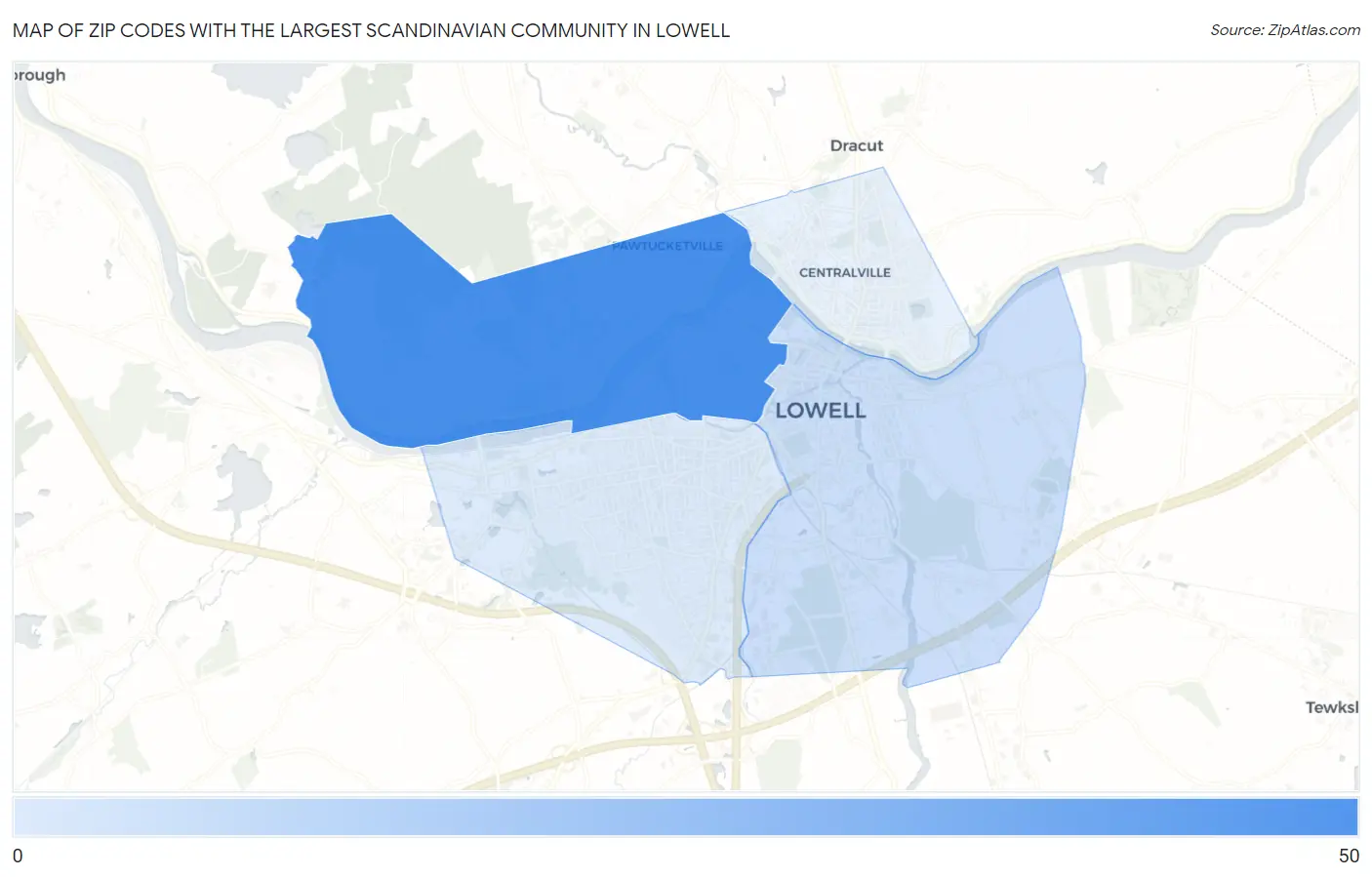Zip Codes with the Largest Scandinavian Community in Lowell Map