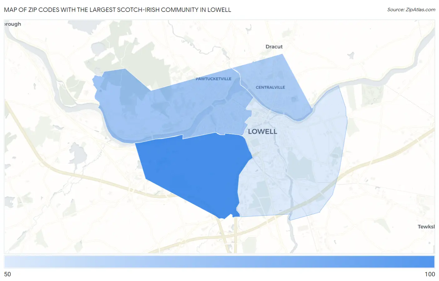 Zip Codes with the Largest Scotch-Irish Community in Lowell Map