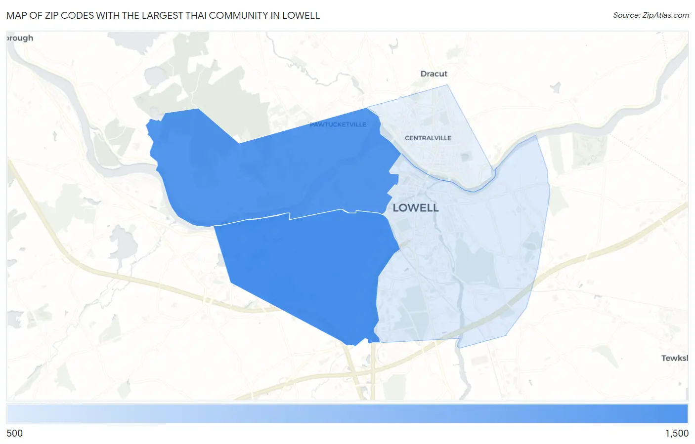 Zip Codes with the Largest Thai Community in Lowell Map