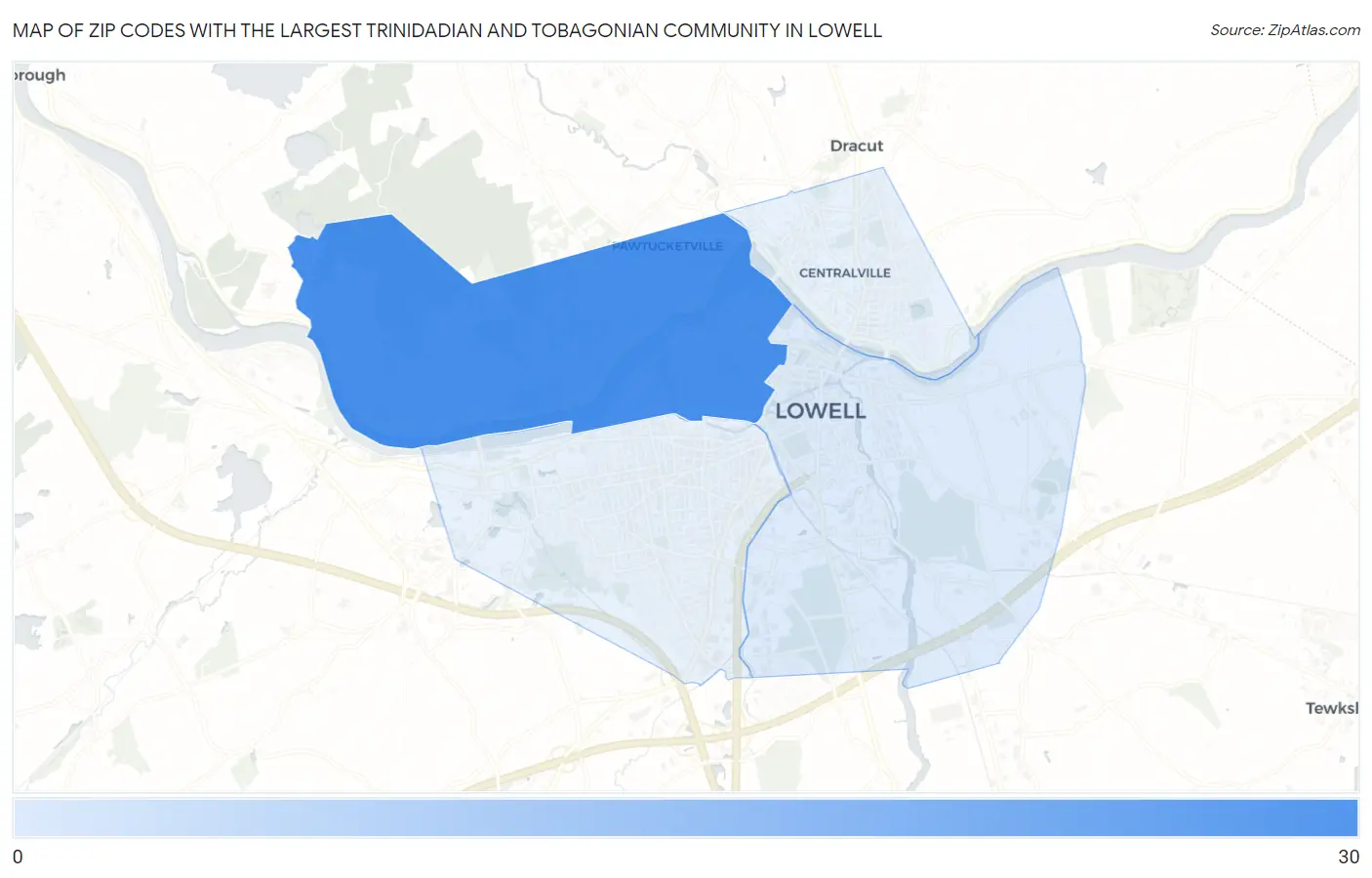 Zip Codes with the Largest Trinidadian and Tobagonian Community in Lowell Map