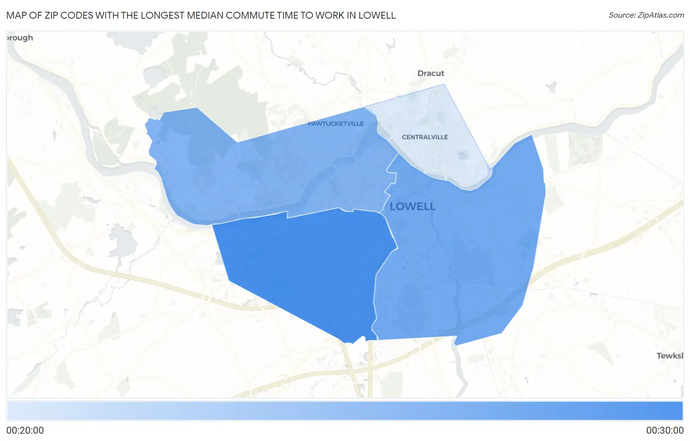 Zip Codes with the Longest Median Commute Time to Work in Lowell Map