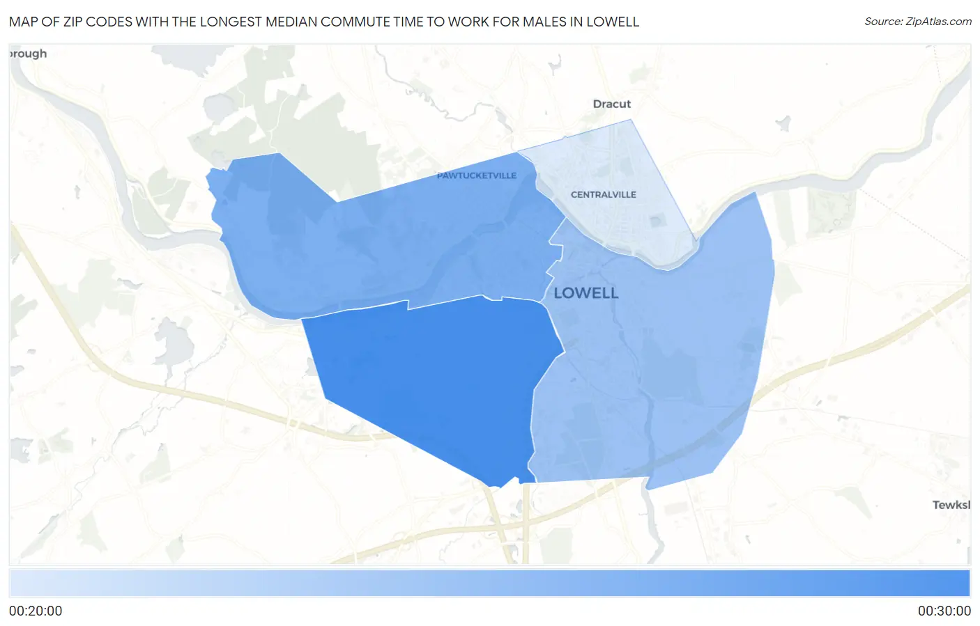 Zip Codes with the Longest Median Commute Time to Work for Males in Lowell Map