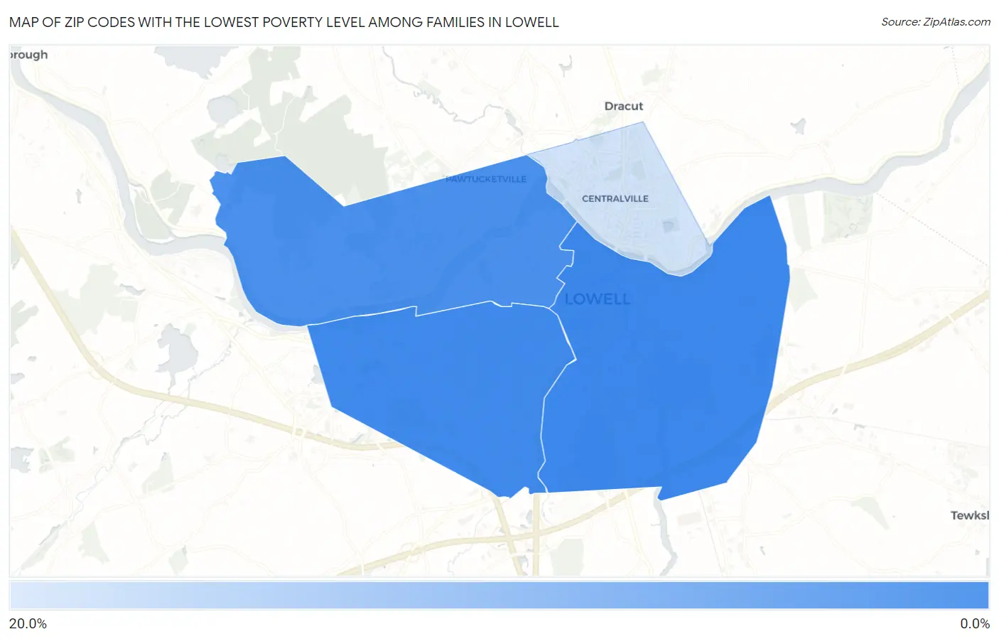Zip Codes with the Lowest Poverty Level Among Families in Lowell Map