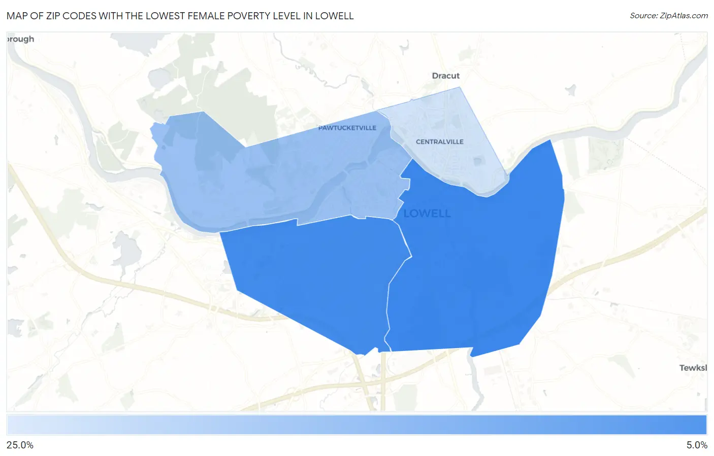 Zip Codes with the Lowest Female Poverty Level in Lowell Map