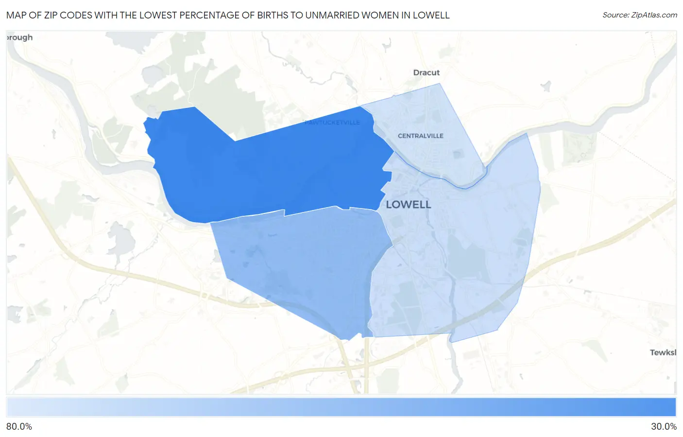 Zip Codes with the Lowest Percentage of Births to Unmarried Women in Lowell Map