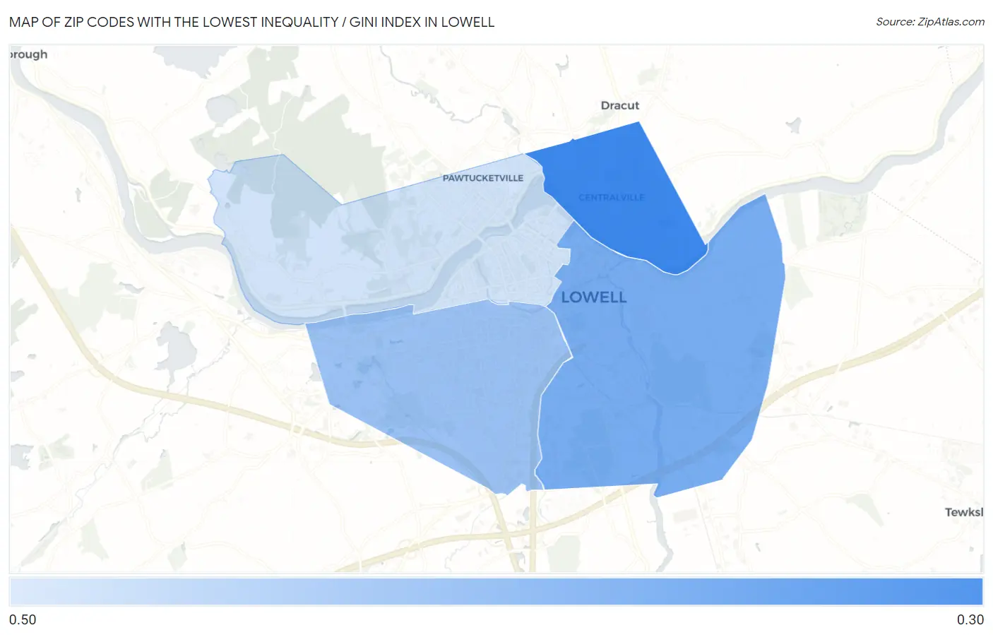 Zip Codes with the Lowest Inequality / Gini Index in Lowell Map