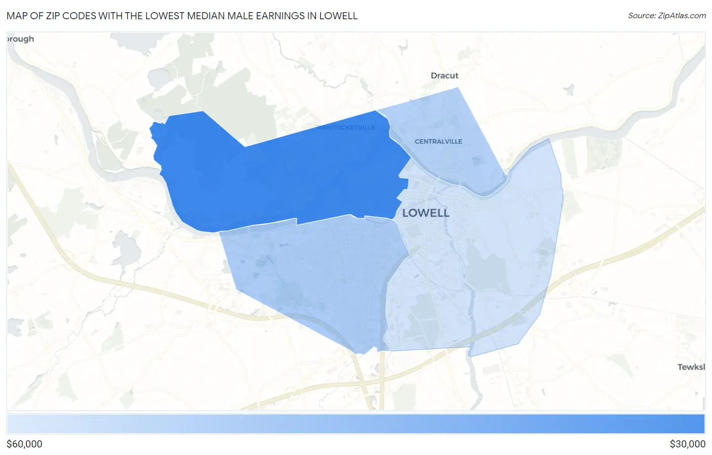 Zip Codes with the Lowest Median Male Earnings in Lowell Map