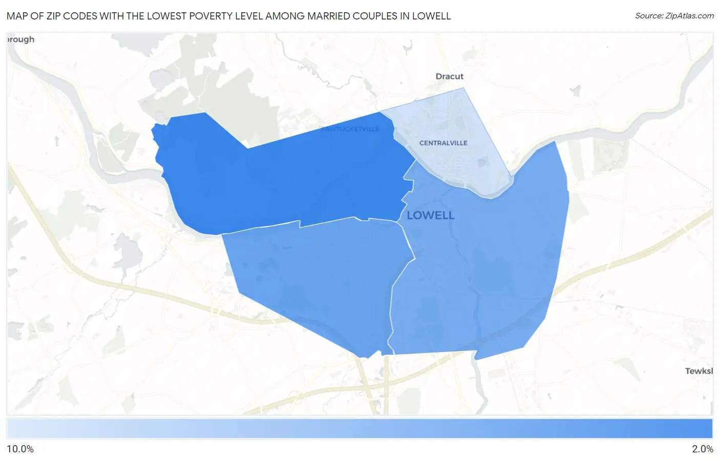 Zip Codes with the Lowest Poverty Level Among Married Couples in Lowell Map