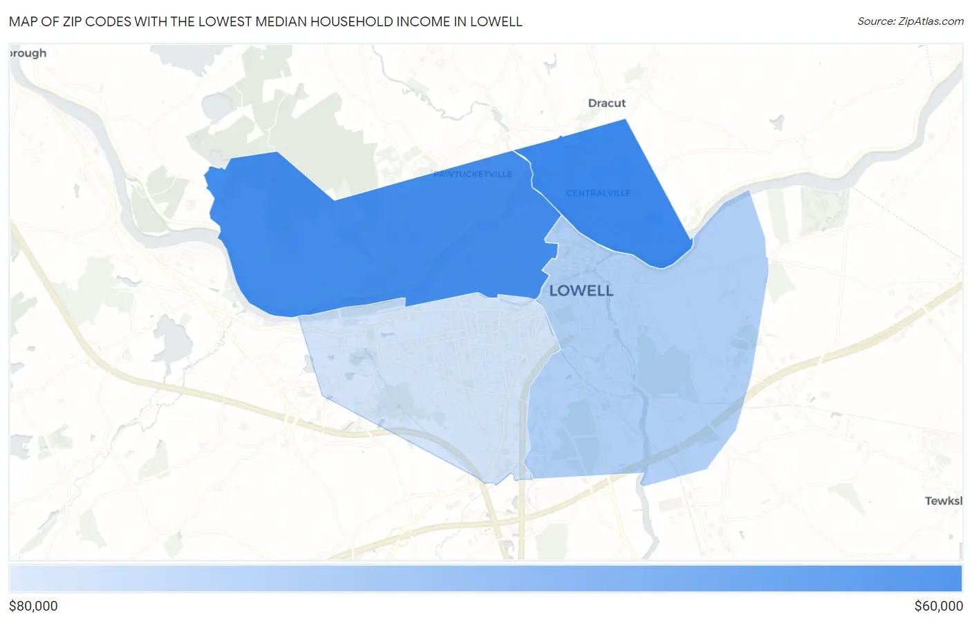 Zip Codes with the Lowest Median Household Income in Lowell Map