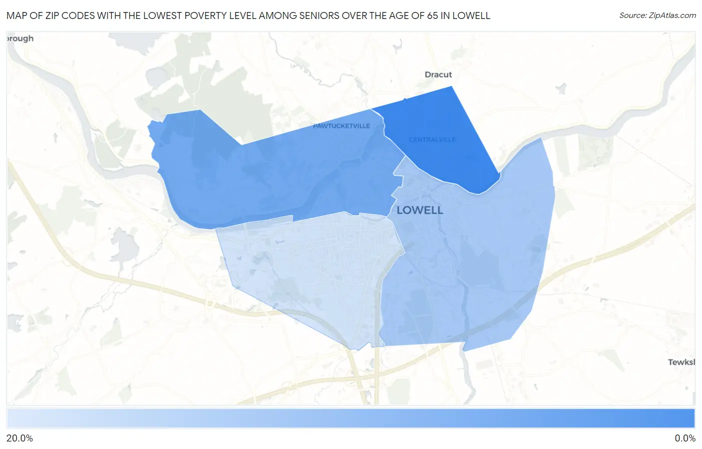 Zip Codes with the Lowest Poverty Level Among Seniors Over the Age of 65 in Lowell Map