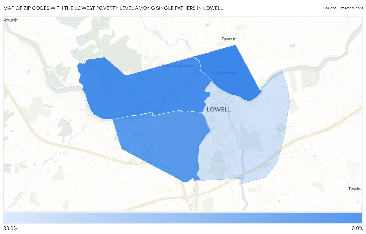 Zip Codes with the Lowest Poverty Level Among Single Fathers in Lowell Map