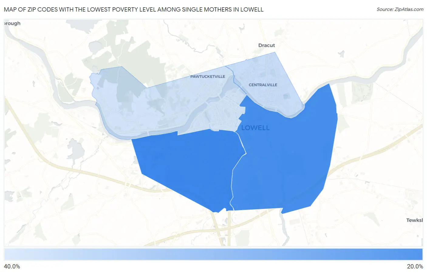 Zip Codes with the Lowest Poverty Level Among Single Mothers in Lowell Map