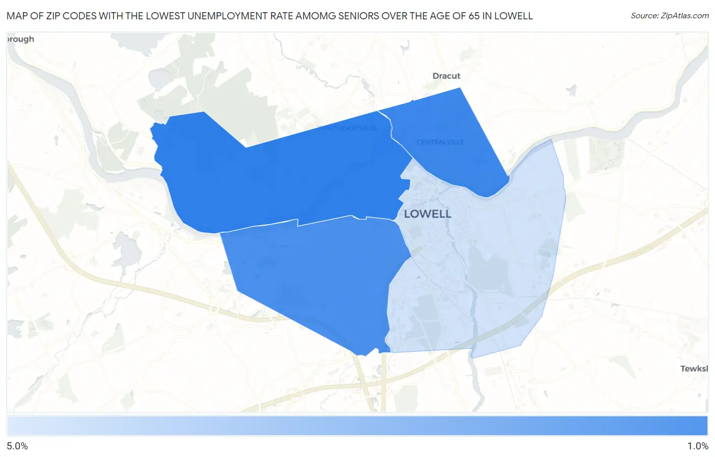 Zip Codes with the Lowest Unemployment Rate Amomg Seniors Over the Age of 65 in Lowell Map