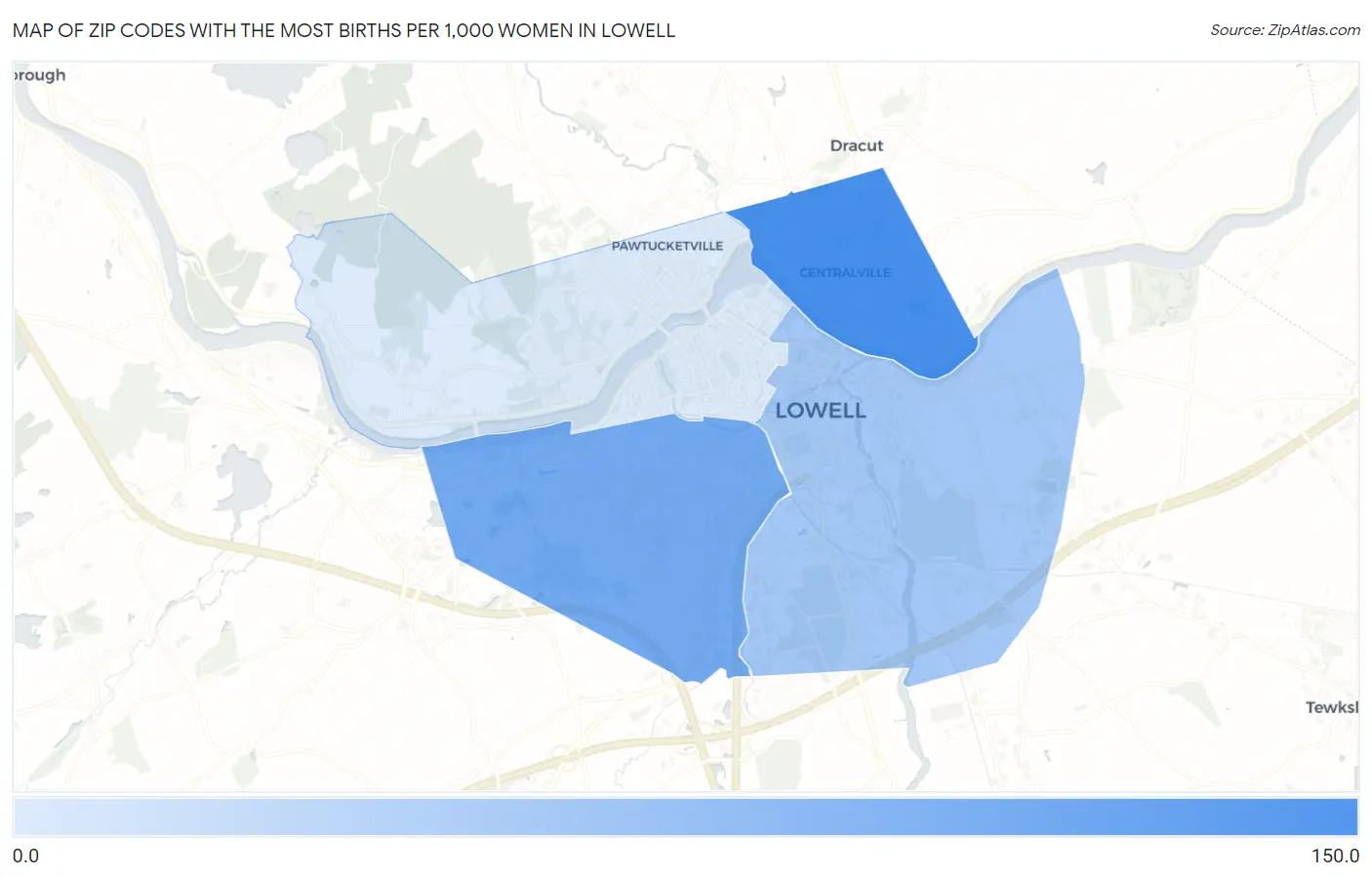 Zip Codes with the Most Births per 1,000 Women in Lowell Map