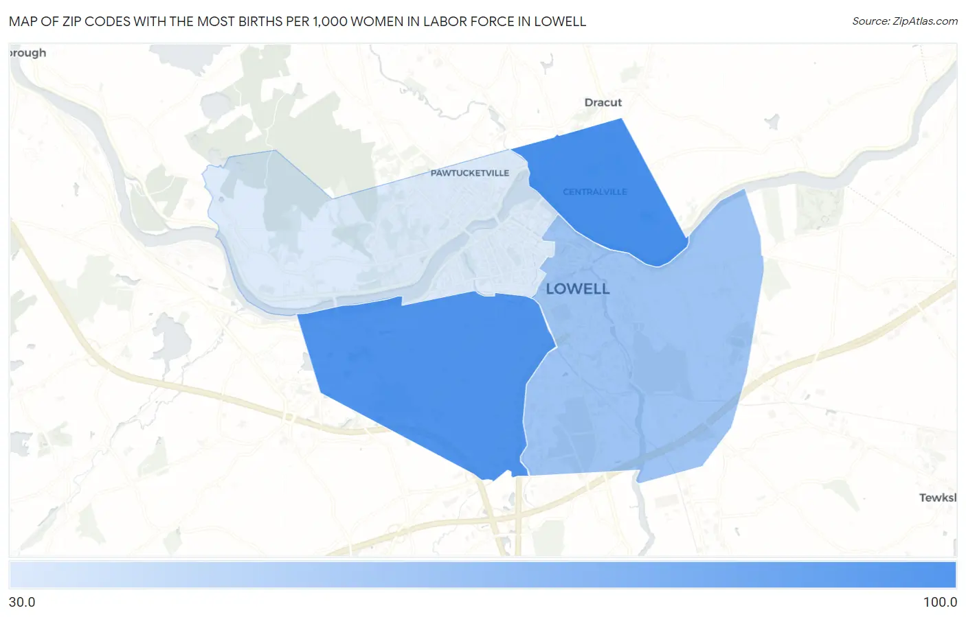 Zip Codes with the Most Births per 1,000 Women in Labor Force in Lowell Map