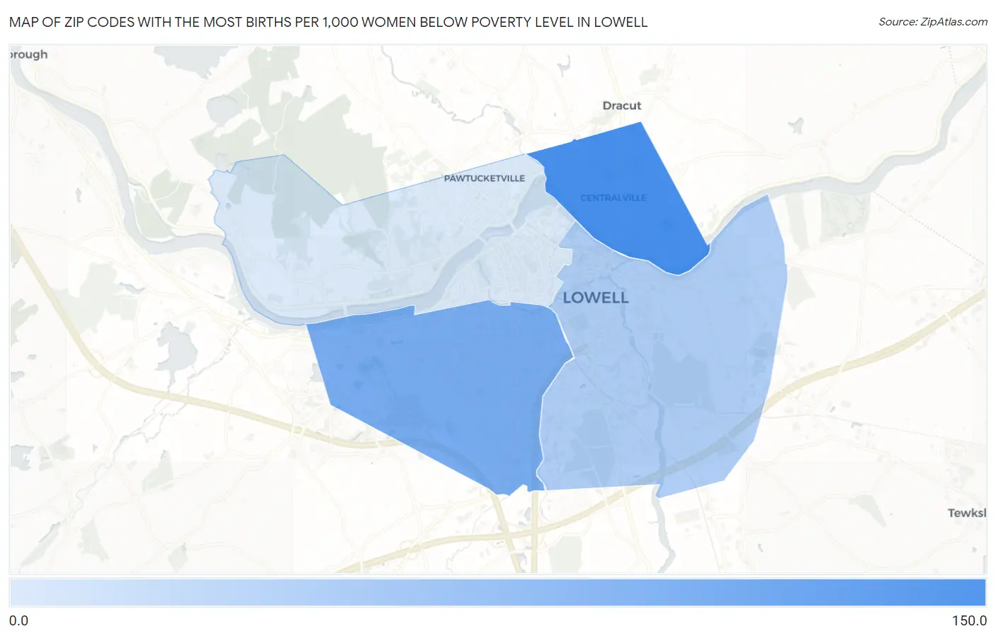 Zip Codes with the Most Births per 1,000 Women Below Poverty Level in Lowell Map