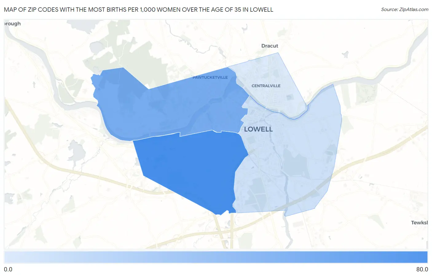 Zip Codes with the Most Births per 1,000 Women Over the Age of 35 in Lowell Map