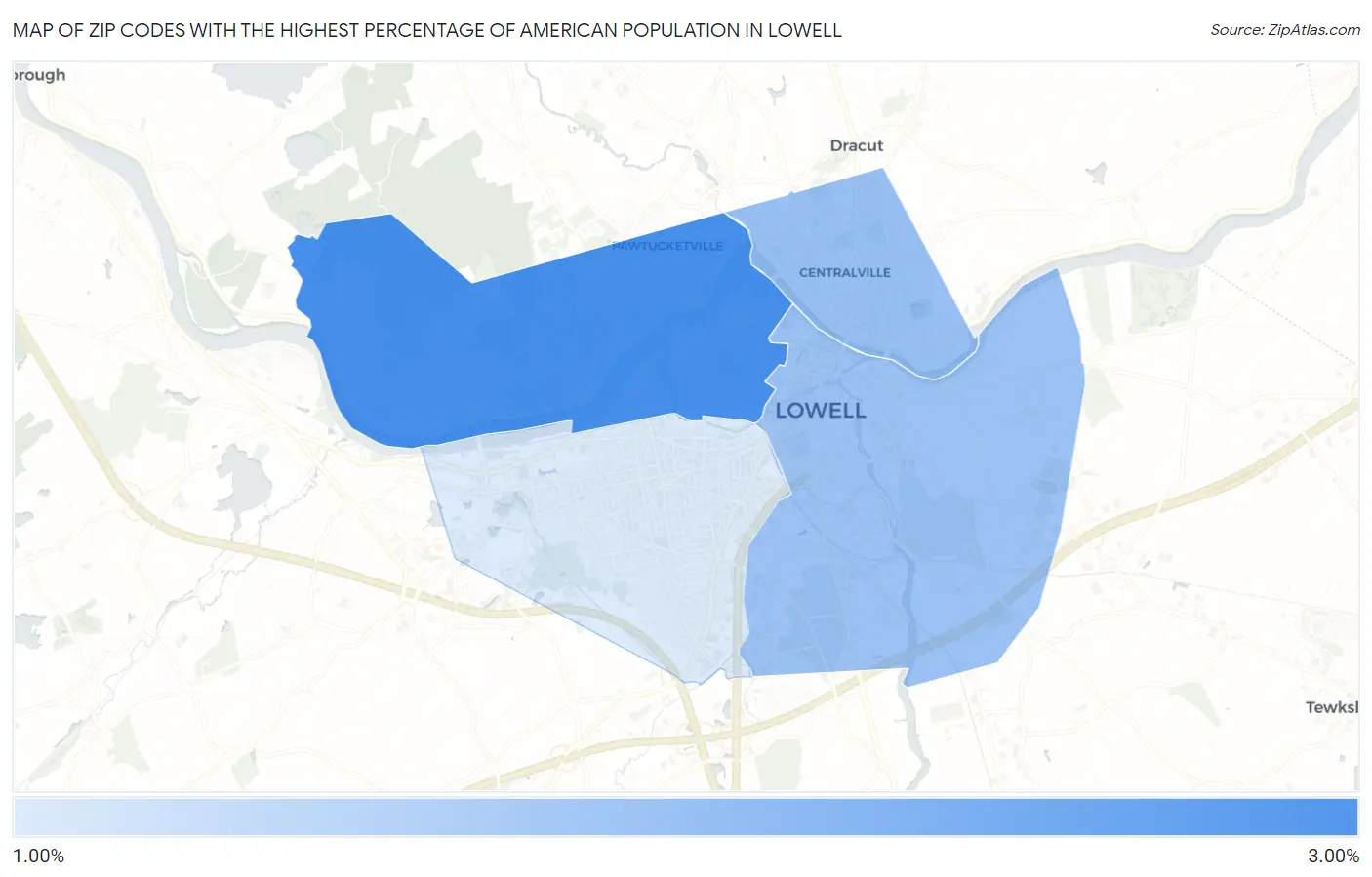 Zip Codes with the Highest Percentage of American Population in Lowell Map