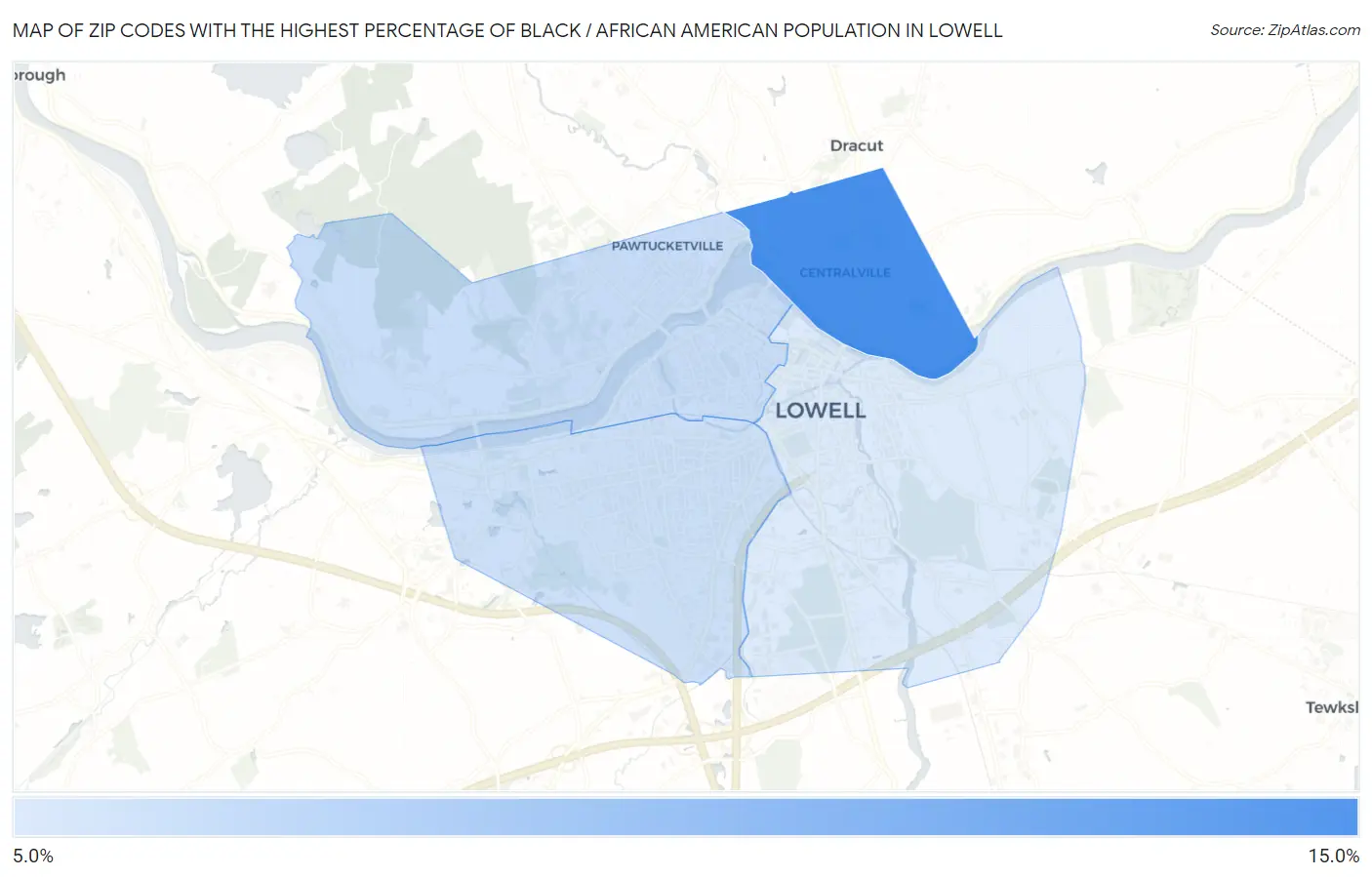 Zip Codes with the Highest Percentage of Black / African American Population in Lowell Map
