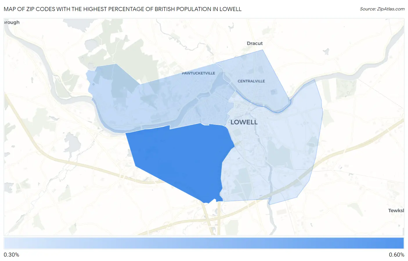 Zip Codes with the Highest Percentage of British Population in Lowell Map