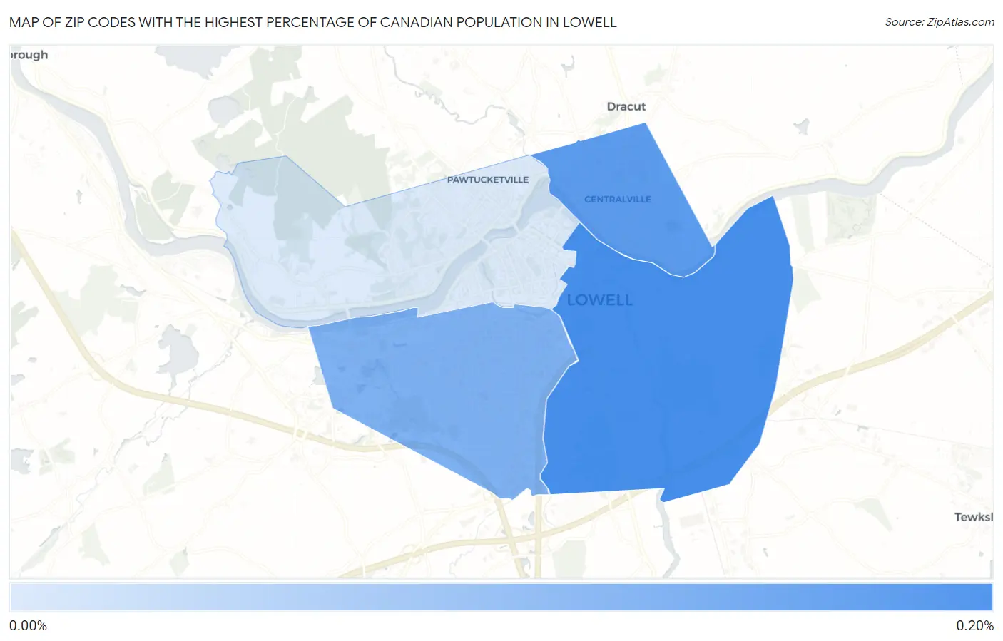 Zip Codes with the Highest Percentage of Canadian Population in Lowell Map