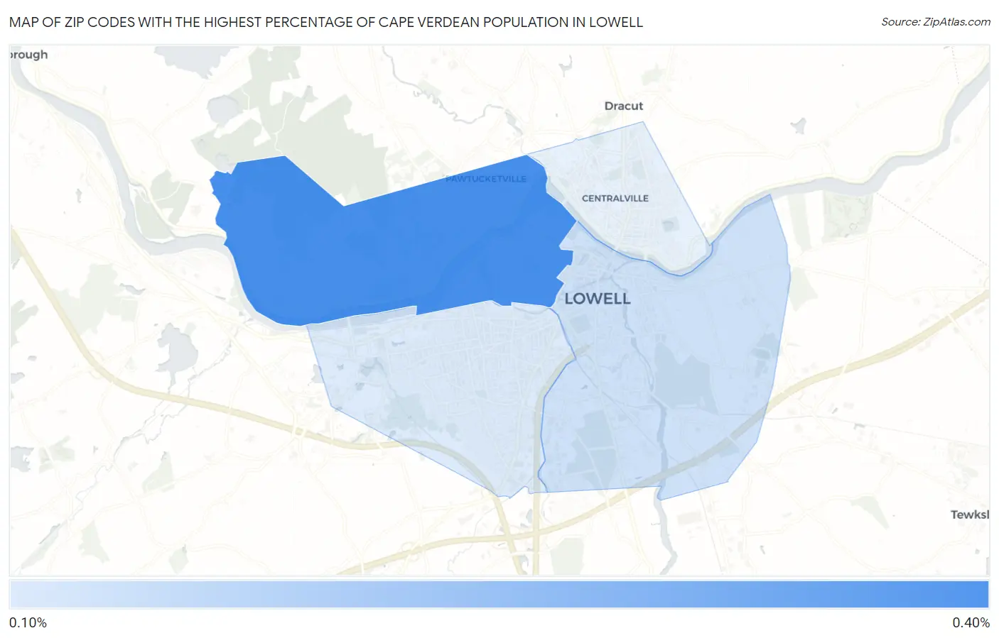 Zip Codes with the Highest Percentage of Cape Verdean Population in Lowell Map