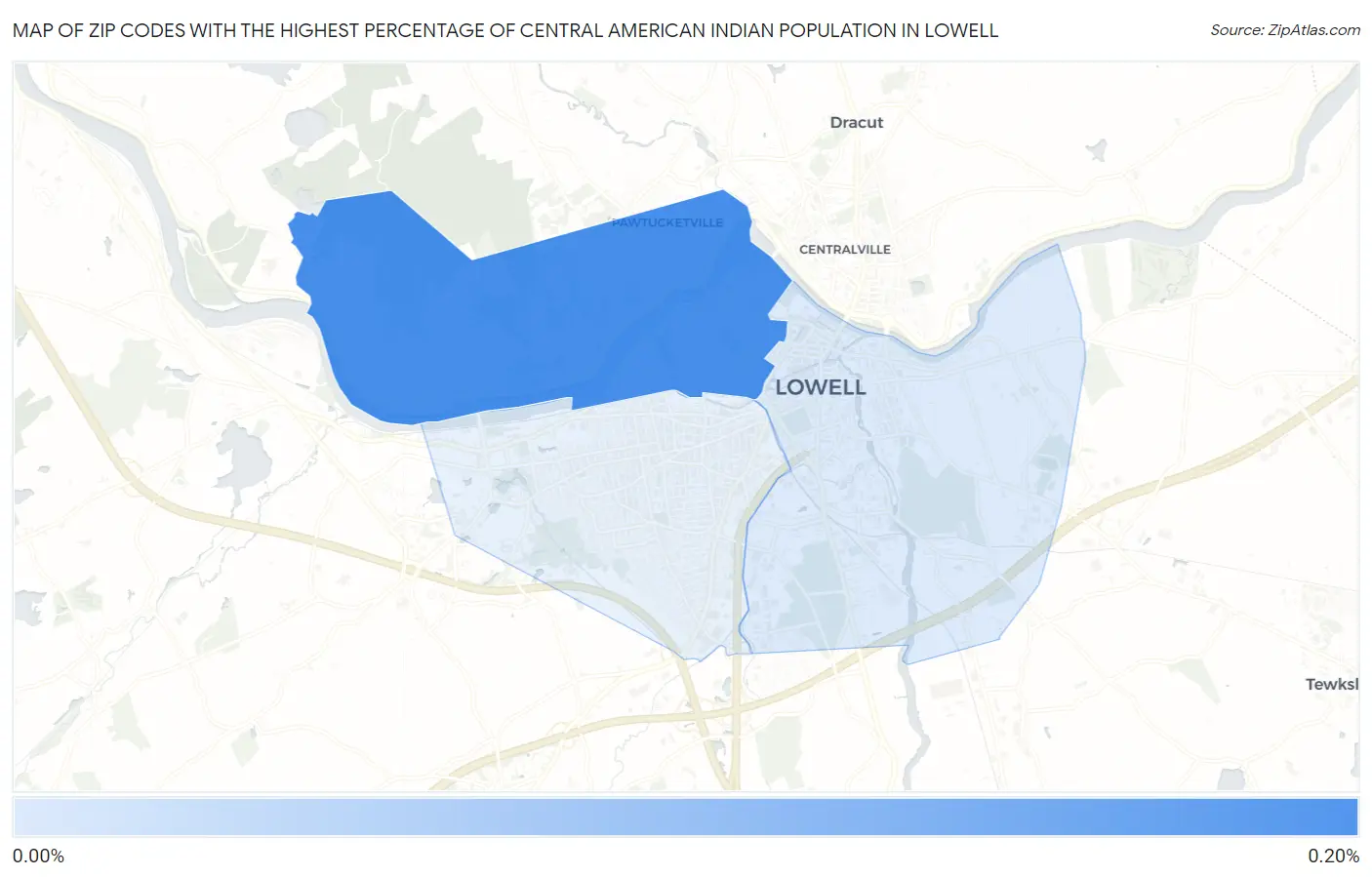 Zip Codes with the Highest Percentage of Central American Indian Population in Lowell Map