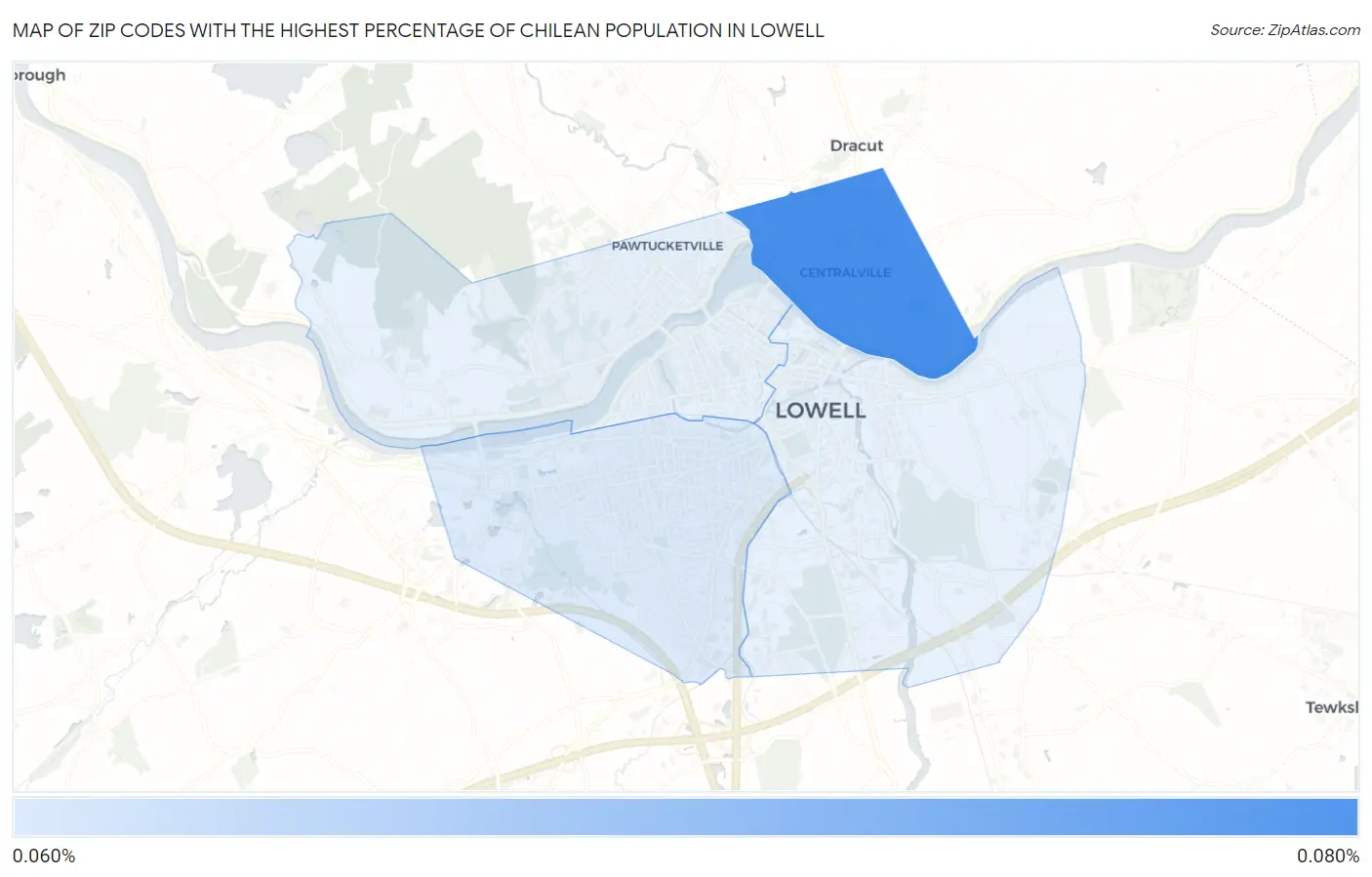 Zip Codes with the Highest Percentage of Chilean Population in Lowell Map
