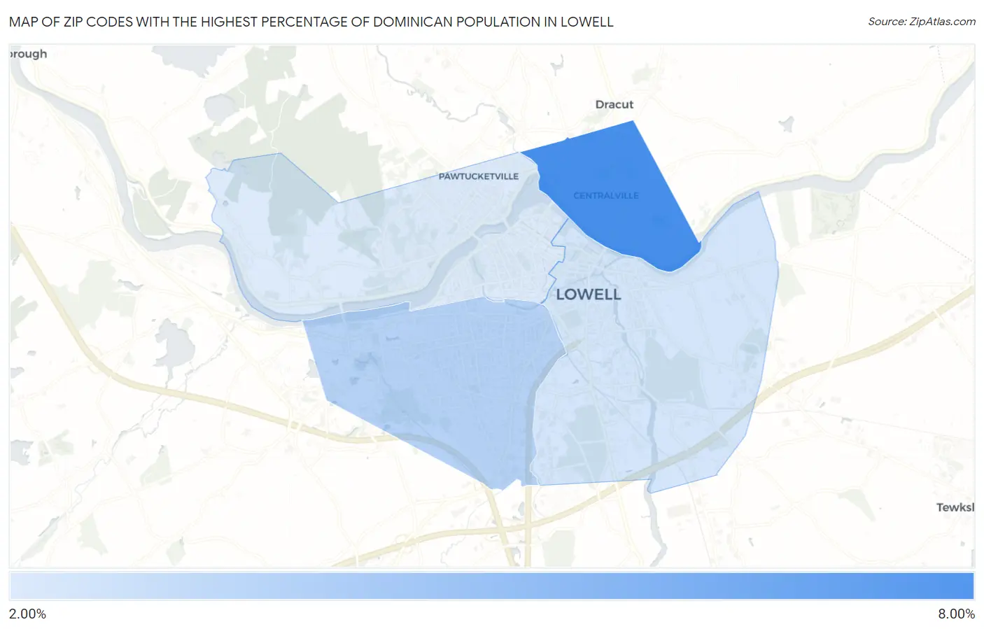Zip Codes with the Highest Percentage of Dominican Population in Lowell Map