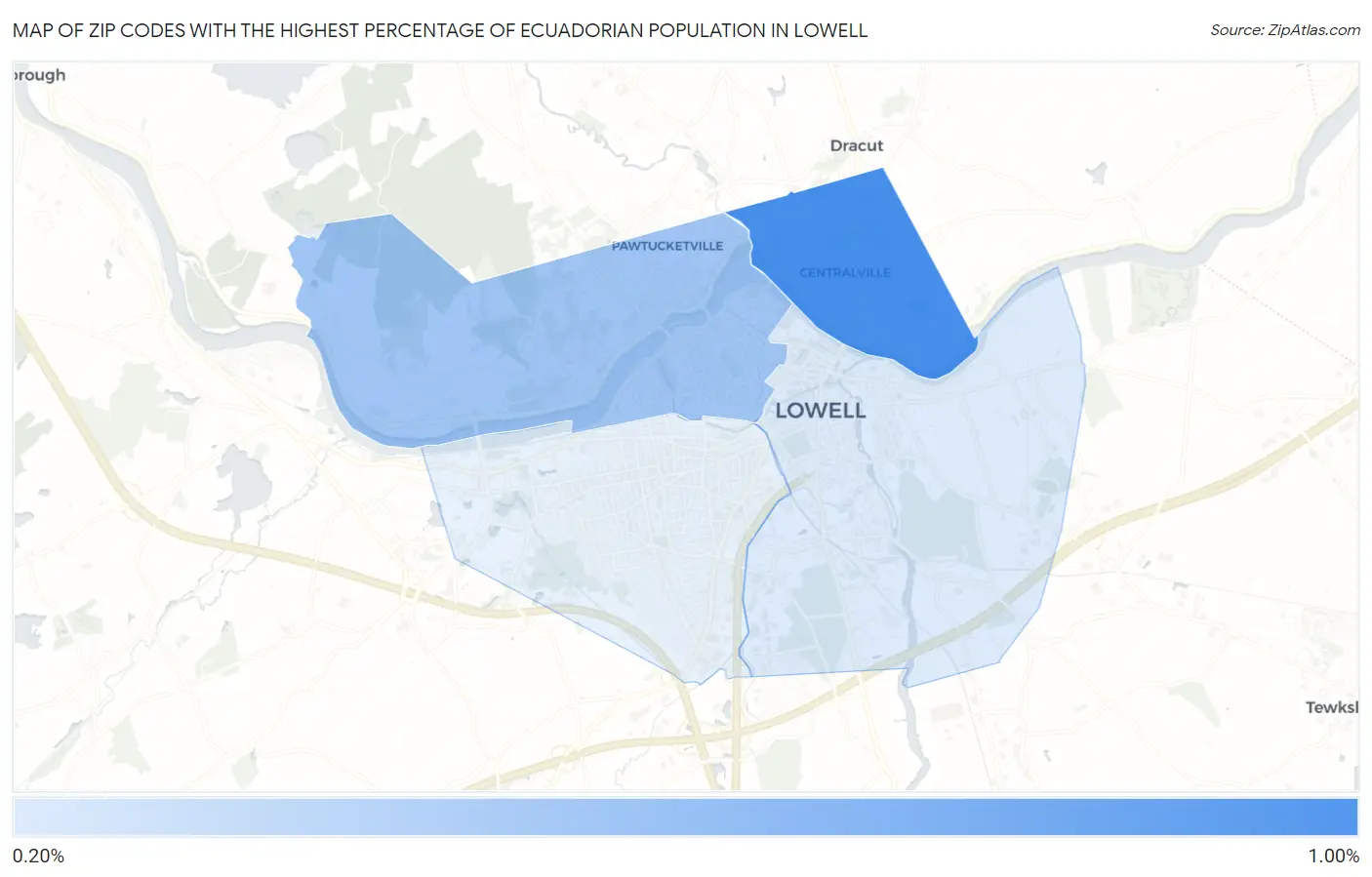 Zip Codes with the Highest Percentage of Ecuadorian Population in Lowell Map