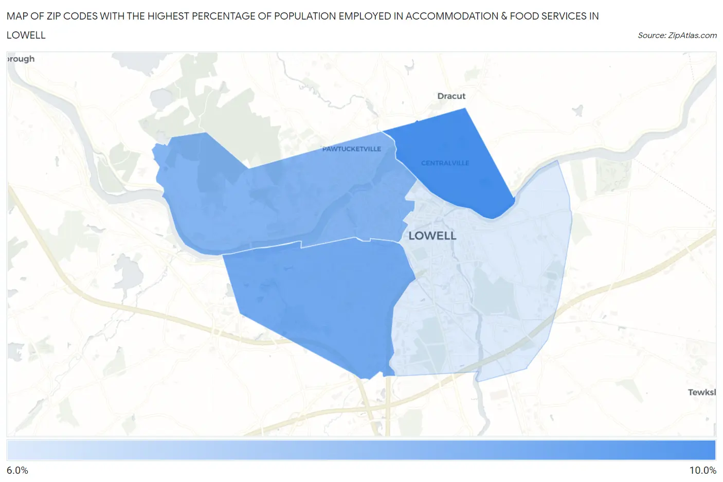 Zip Codes with the Highest Percentage of Population Employed in Accommodation & Food Services in Lowell Map
