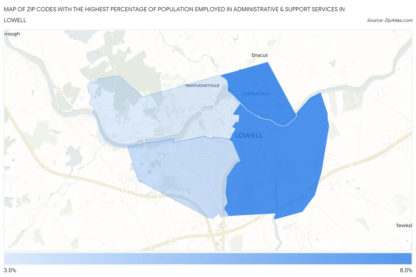 Zip Codes with the Highest Percentage of Population Employed in Administrative & Support Services in Lowell Map