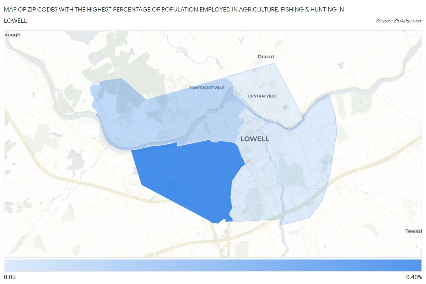 Zip Codes with the Highest Percentage of Population Employed in Agriculture, Fishing & Hunting in Lowell Map