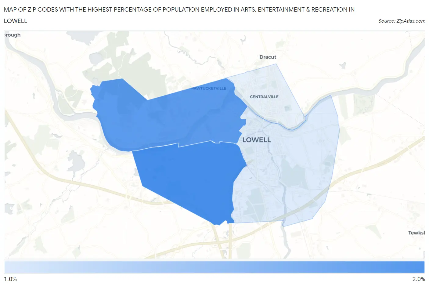 Zip Codes with the Highest Percentage of Population Employed in Arts, Entertainment & Recreation in Lowell Map