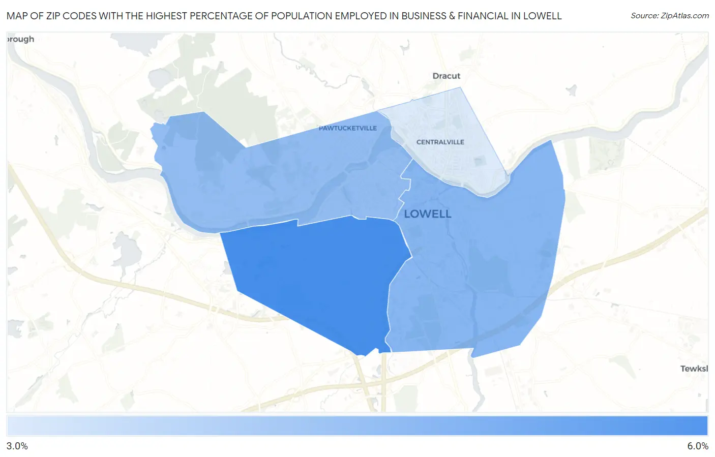 Zip Codes with the Highest Percentage of Population Employed in Business & Financial in Lowell Map