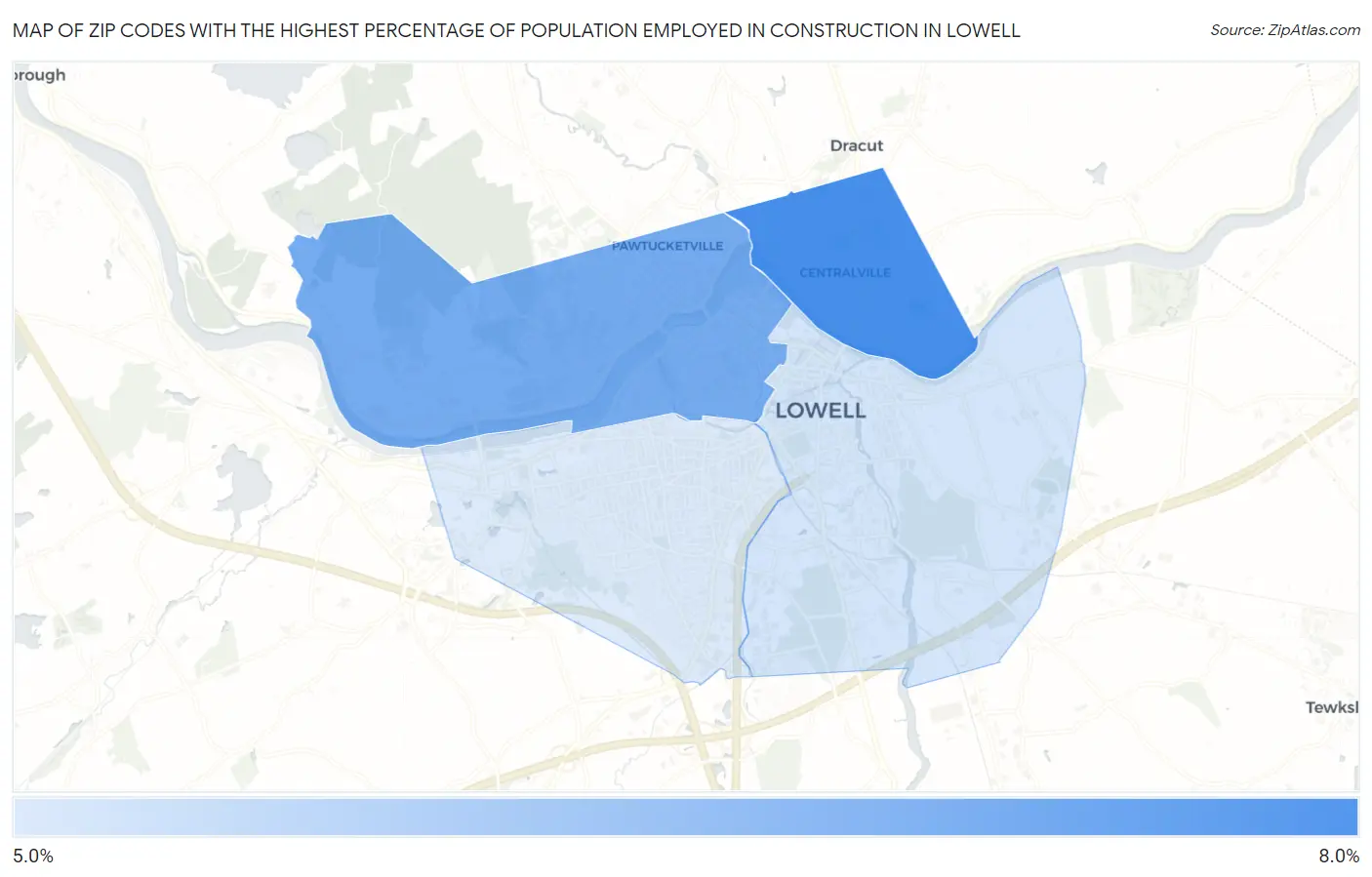 Zip Codes with the Highest Percentage of Population Employed in Construction in Lowell Map