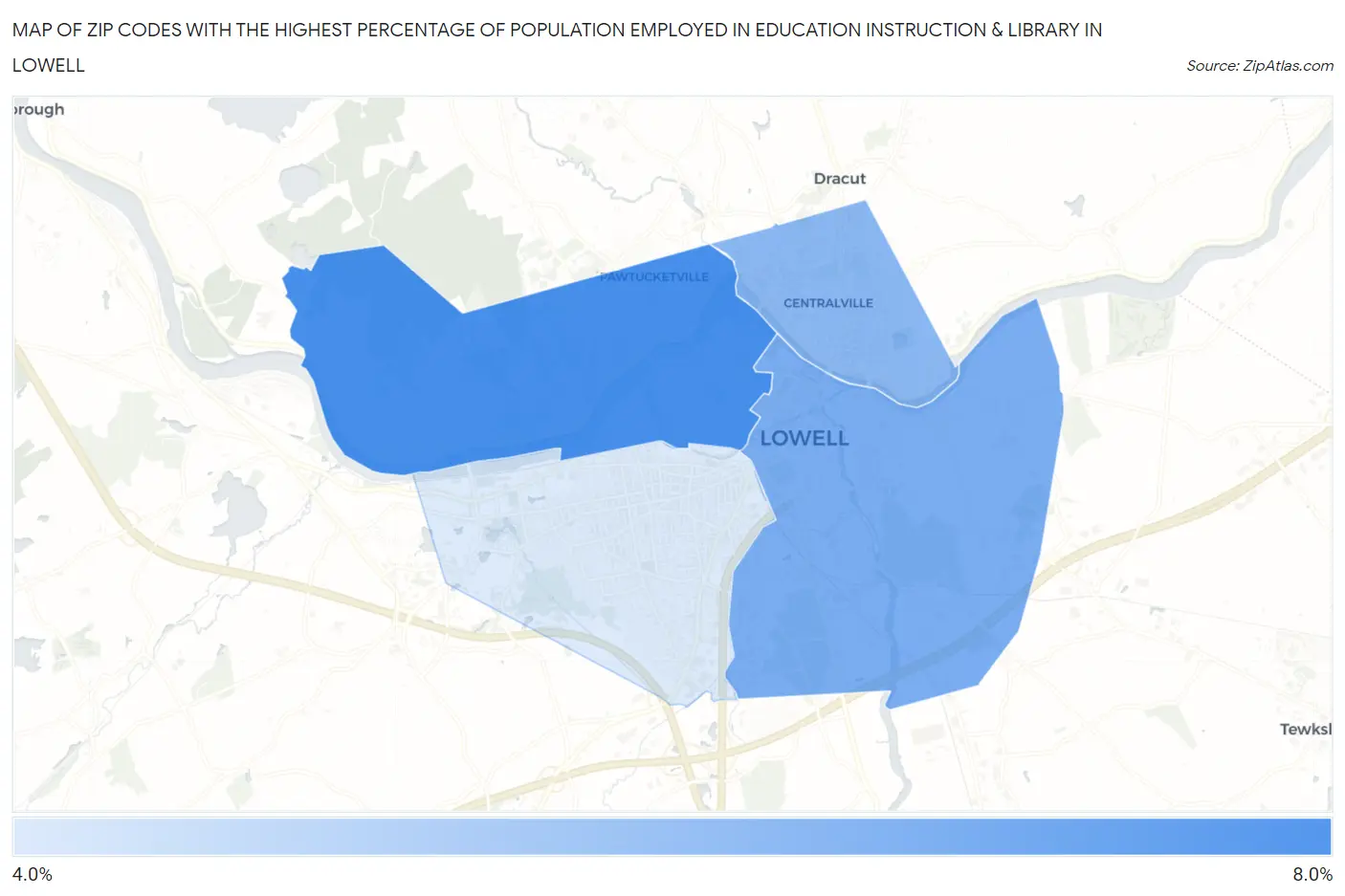 Zip Codes with the Highest Percentage of Population Employed in Education Instruction & Library in Lowell Map