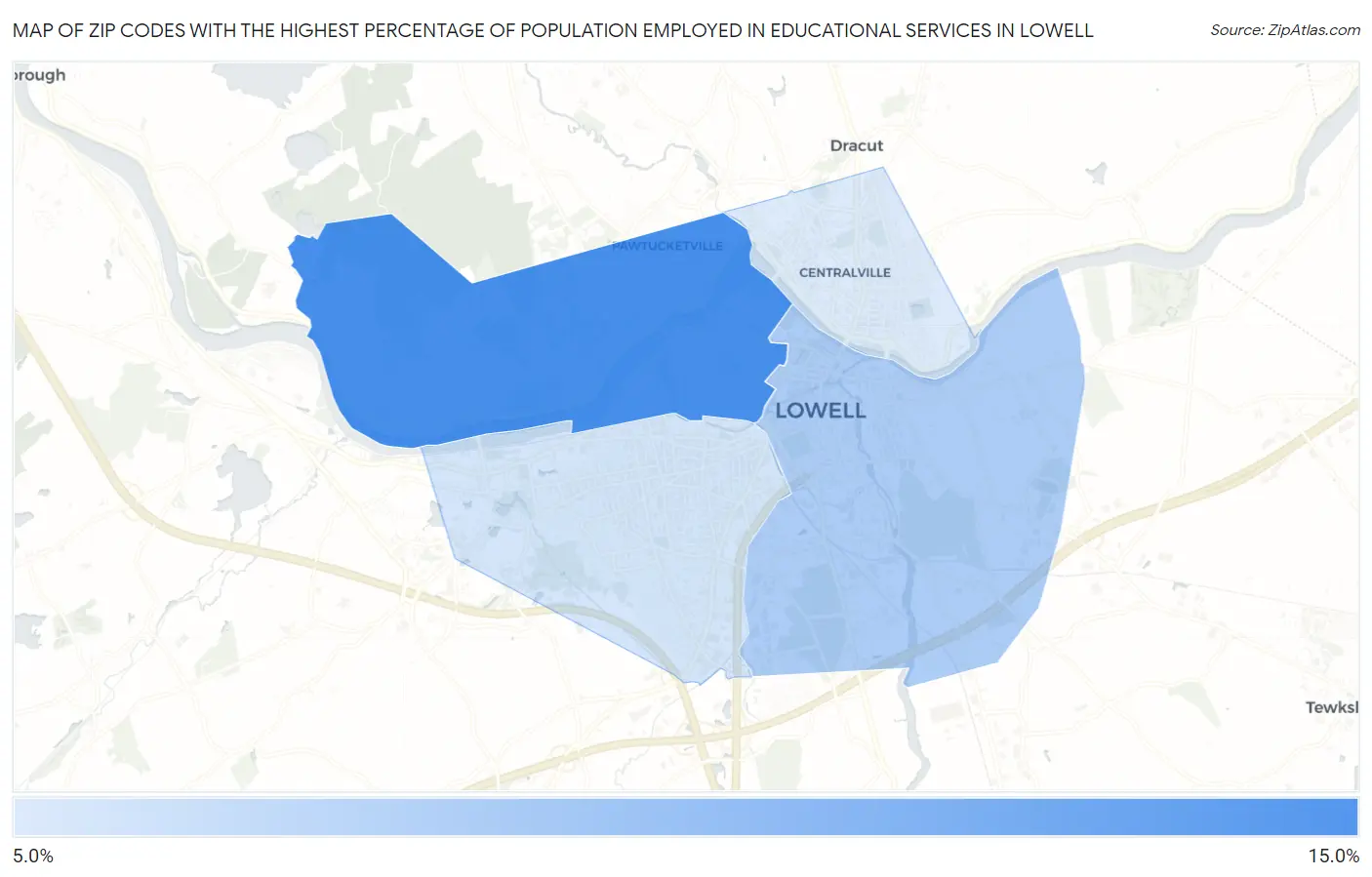 Zip Codes with the Highest Percentage of Population Employed in Educational Services in Lowell Map